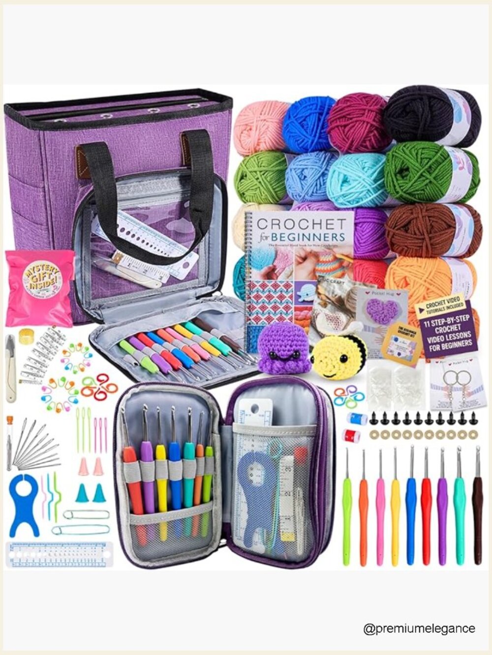 Deluxe Beginner Crochet Kit - 116 Piece Set with Yarns, Hooks, Bag, Case &